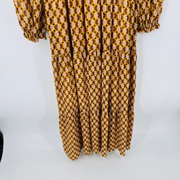 Melloday Smocked Long Sleeve Maxi Dress Retro Geometric Print Brown XS - Picture 6 of 13